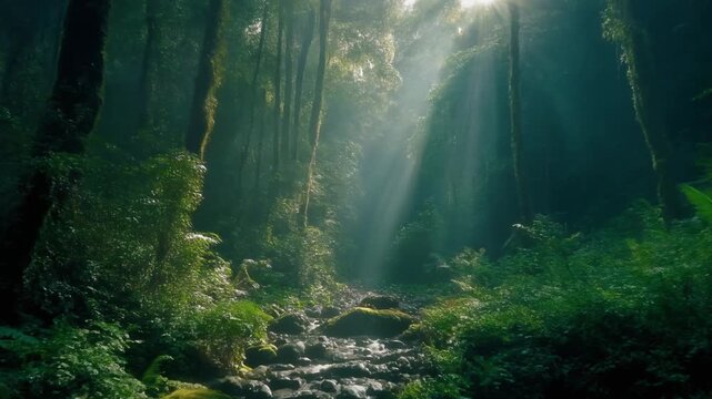 Rainforest footage with morning brightly lit 