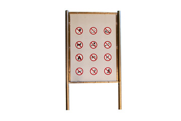 White sign symbol icon prohibit of No kite flying, no fishing, no electric scooters, no pets, no volleyball, no fires, no cycling, no diving, no swimming, no serving. Isolated on cutout PNG.