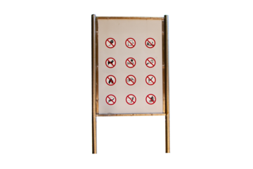 White sign symbol icon prohibit of No kite flying, no fishing, no electric scooters, no pets, no volleyball, no fires, no cycling, no diving, no swimming, no serving. Isolated on cutout PNG.