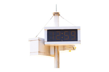 Digital clock time LED red number on black digital electric at Time 12.59 PM. on white signal tower dial isolated on cutout PNG or transparent background. Time symbol concept for celebrating New Year.