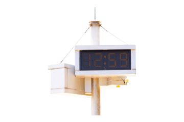 Digital clock time LED red number on black digital electric at Time 12.59 PM. on white signal tower dial isolated on cutout PNG or transparent background. Time symbol concept for celebrating New Year.