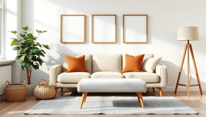 Obraz premium Bright and airy living room with neutral sofa and modern decor