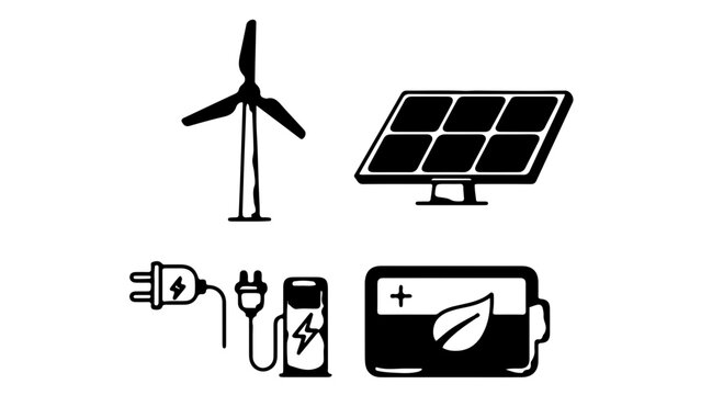 A sustainable energy landscape featuring a wind power station with a wind turbine and solar panels under a clear sky