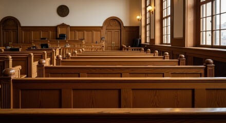 Empty Courtroom: Rows of Wooden Pews and Judge's Bench Under Natural Light