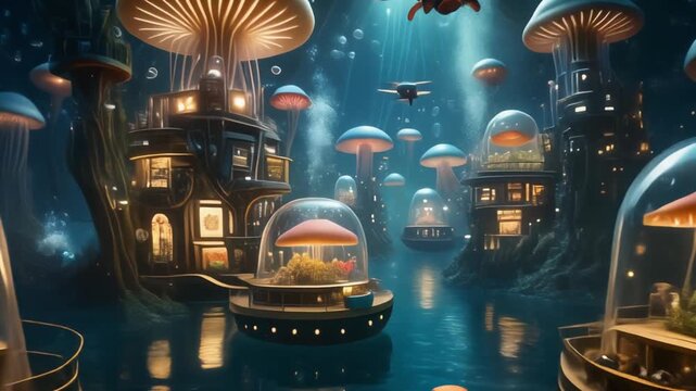 Fantastical underwater city with glowing mushroom domes and drones, symbol of harmony and tech, editorial style with surreal bioluminescent fantasy energy.
