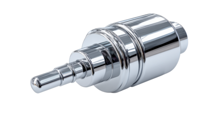 Chrome industrial part for machinery showing shiny metal material and manufacturing precision with transparent background