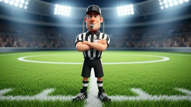 Animated Football Referee Poses on Field, Stadium Setting for Sporting Events and Gameplay
