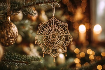 traditional Ukrainian Christmas decoration pavuk or spider web made of golden thread and straw, hanging on a branch of a fir tree