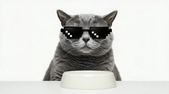Funny video of a skeptical and humorous grey cat wearing pixelated glasses patiently waiting for