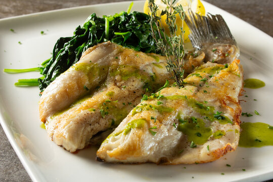 A view of a branzino entree.