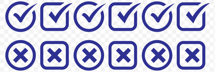Fototapeta premium Check mark icons, cross symbols, correct and wrong signs, approval graphics, validation elements, decision indicators