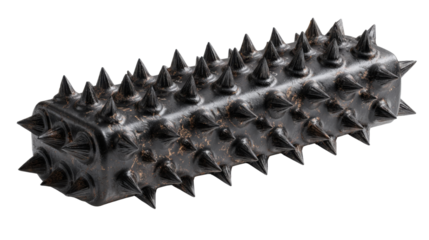 Spiked heavy metal club or mace head, an aggressive medieval fantasy weapon with a dark, battle-worn texture, transparent background