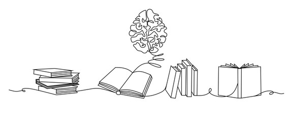 Continuous line art of a human brain emerging from a stack of books and an open book, symbolizing knowledge, learning, and intelligence development Vector 