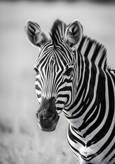 Naklejka premium Striking Zebra Portrait in Black and White Showcasing Elegant Stripes and Detailed Features A Majestic Wildlife Image