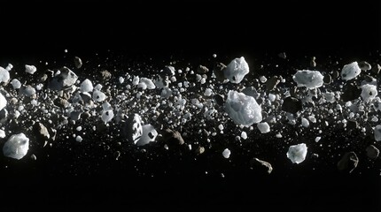 Detailed close-up of Saturn rings with ice and rock particles in space