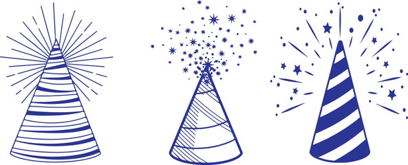party hats, blue party hats, celebration cones, festive hat designs, confetti burst, radiating lines, party illustration, celebration clipart, festive accessories, cone shapes, graphic par
