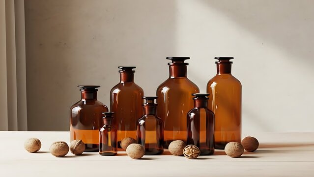 Amber Glass Apothecary Bottles Collection with Natural Elements.