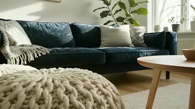 Cozy living room scene featuring blue couch wrapped in warm knitted blanket, complemented by pouf and coffee table with soft candle glow capturing the concept of relaxation and warmth.