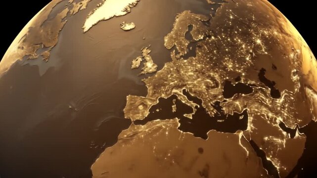 Animated earth globe in gold tones with illuminated continents on black