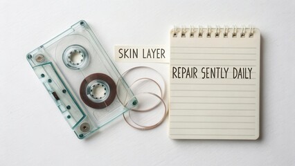 Vintage cassette tape and notebook with handwritten text on a white background, signifying nostalgia and creativity