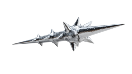 Spiky futuristic chrome metal flying dart with sharp dangerous thorns, 3d rendering on transparent background