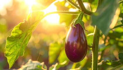 Close-up of a vibrant, ripe eggplant on a sunlit, leafy plant