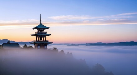 Scenic view of a traditional Japanese pagoda atop a hill, surrounded by a sea of clouds at sunrise.