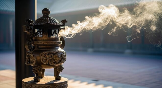 An ornate incense burner with smoke billowing upwards, set in a traditional temple courtyard. The image is bathed in soft, atmospheric light. - Powered by Adobe