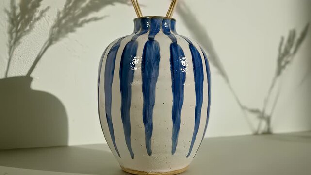 Elegant vase with blue and white striped design sitting on shelf, adorned with single stem of flowers, perfect for use in commercial settings requiring refinement and classic style.