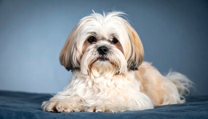 A fluffy, friendly dog with long hair lies on a soft, blue surface