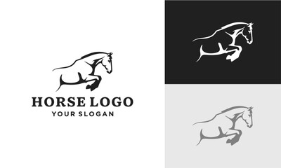 A minimalist black and white logo design featuring a powerful jumping horse silhouette, presented with different background variations.