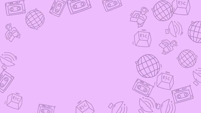Seamless pattern of travel icons on a pastel purple background.