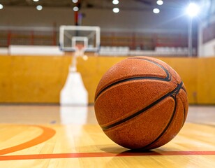 Fototapeta premium A textured basketball sits on a wooden court, the hoop in the background