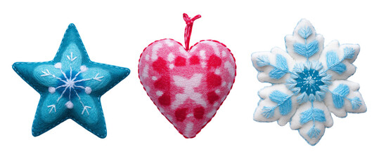 Embroidered Star, Heart, and Snowflake Ornaments Isolated