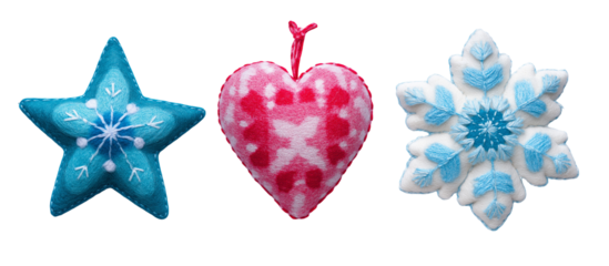 Embroidered Star, Heart, and Snowflake Ornaments Isolated
