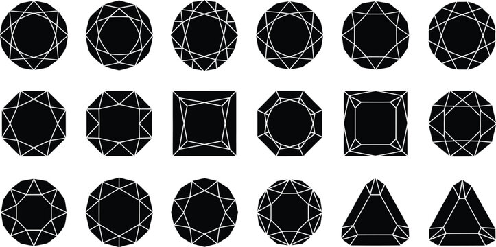 Collection of diverse gemstone silhouettes including oval square and triangular cuts with intricate decorative borders on a white background