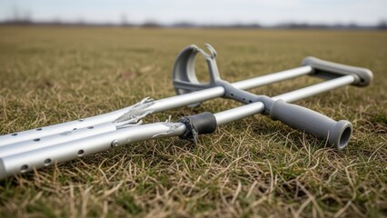Broken crutches lay on grass The aluminum frame shows torn padding and adjustment holes The background is out of focus