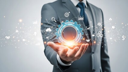 Businessman Holding Digital Gear with Technology Icons in Hand.