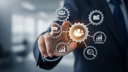 Businessman Interacting with Digital Gears Representing Business Processes and Quality Assurance.