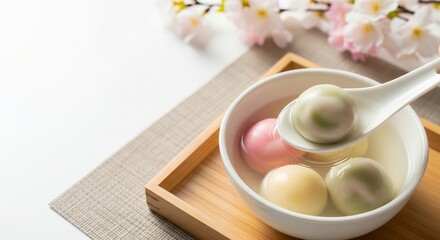 Colorful Tangyuan in a White Bowl with Cherry Blossoms.