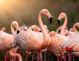 Close-up of group of pink flamingos in natural habitat, sunlit