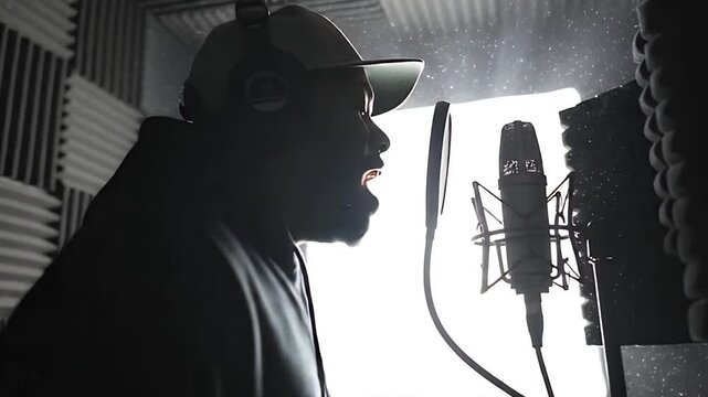 Silhouette of Male Rapper passionately recording vocals in professional studio booth with acoustic foam background, backlit cinematic lighting, 8k

