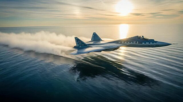 Dramatic aerial footage of advanced fighter jet flying above the sea during sunset, leaving vapor