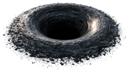 Black hole vortex pulling into a deep dark abyss, depicting concepts of suction, crisis, danger, and gravity on transparent background