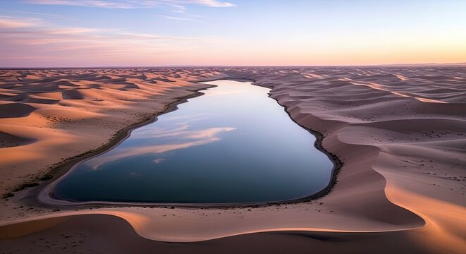 Aerial view of a lake surrounded by sand dunes at sunset. The sky is a mix of pink, orange, and blue hues. - Powered by Adobe