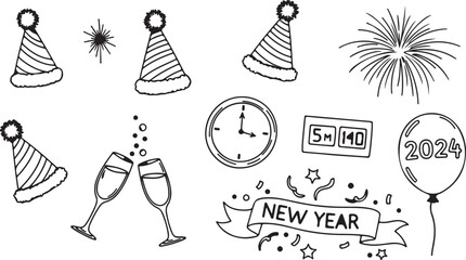 Simple Black-Outline New Year’s Eve Doodle Illustration | Festive Sketch Style Artwork
