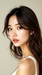 Fototapeta premium Youthful East Asian Woman With Natural Makeup And Flowing Hair