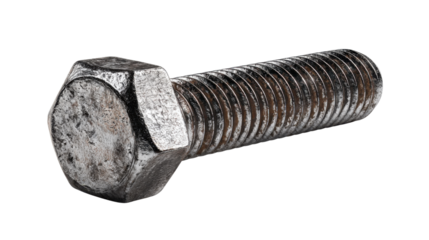 Metal hex head bolt with threaded shank for construction and industrial fastening applications, isolated with transparent background