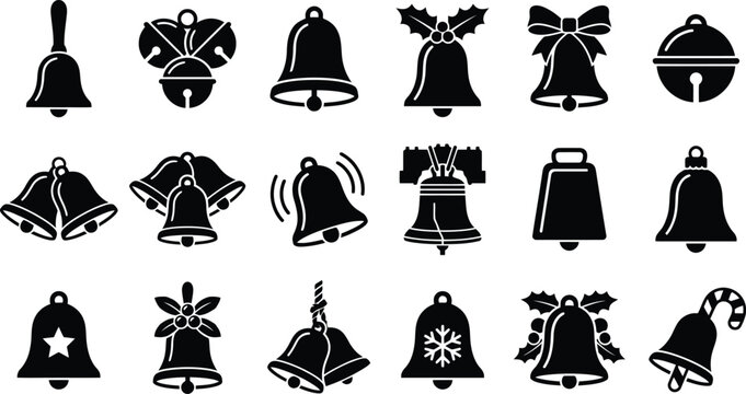 Christmas bell and jingle bells silhouette icon set. Holiday ringing alarm and school handbell symbols including bow ribbon decoration vector collection