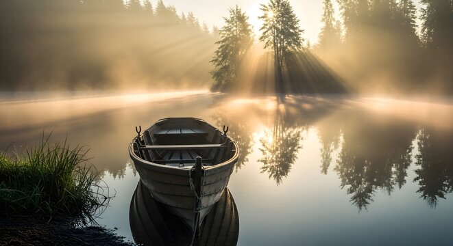 Rustic Wooden Rowboat on Calm Misty Lake at Sunrise with Dramatic Sunbeams - Powered by Adobe